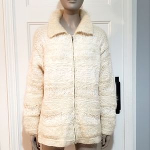 Jones NY Womens S Wool Mohair Cardigan Sweater Full Zip Cream Heavyweight Soft